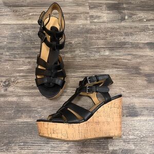 Express Women’s Black Cork Strappy Wedge Platform Sandals Size 7